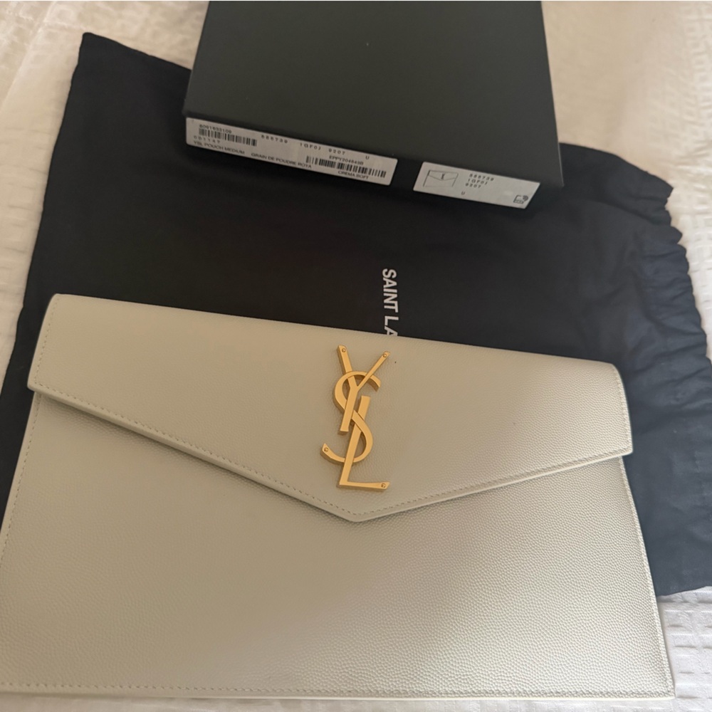 Saint Laurent Cream Clutch with Gold Logo